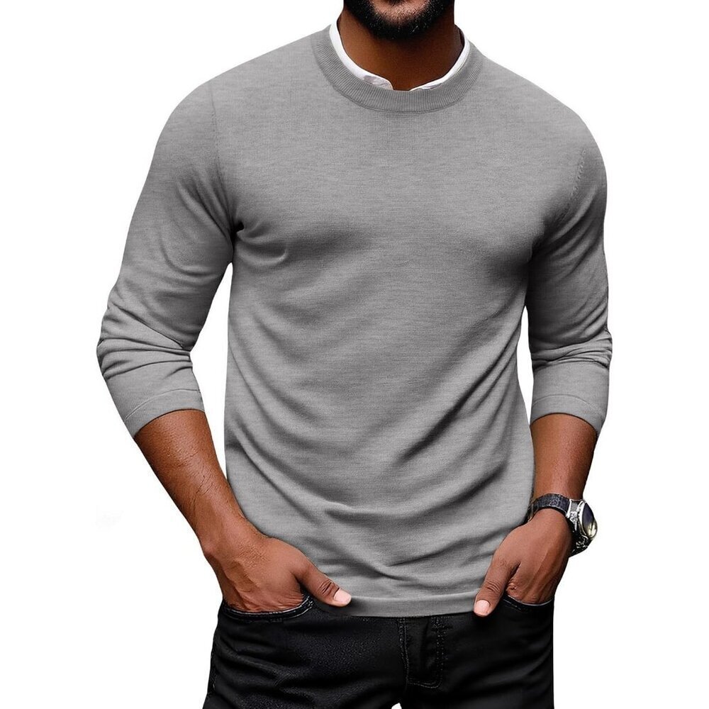 Coofandy Men Light Grey Crew Neck Pullover Long Sleeve Lightweight Dress Sweater